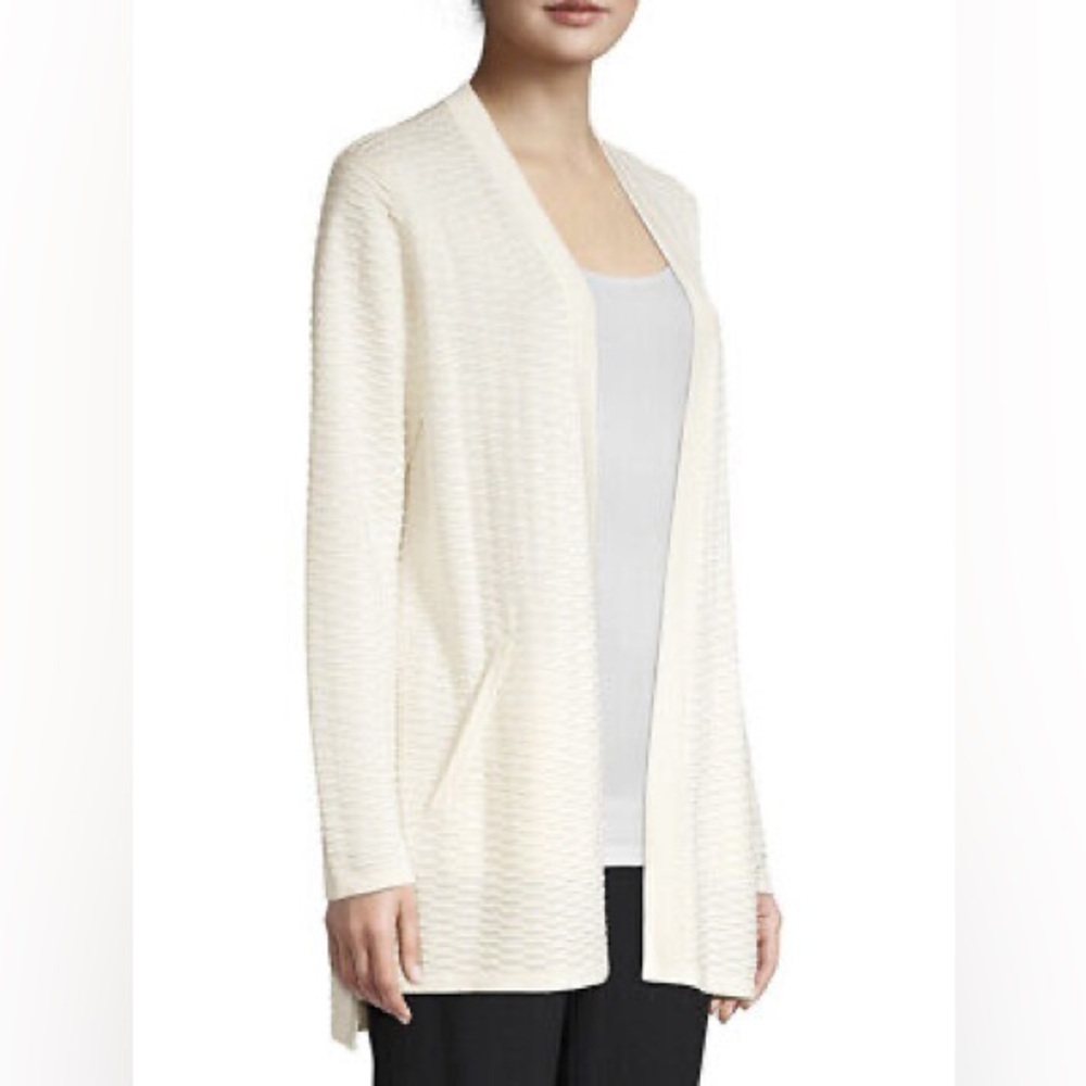 Eileen Fisher Simple Cardigan Silk/Organic Cotton Ivory Puckered Knit Size Small
